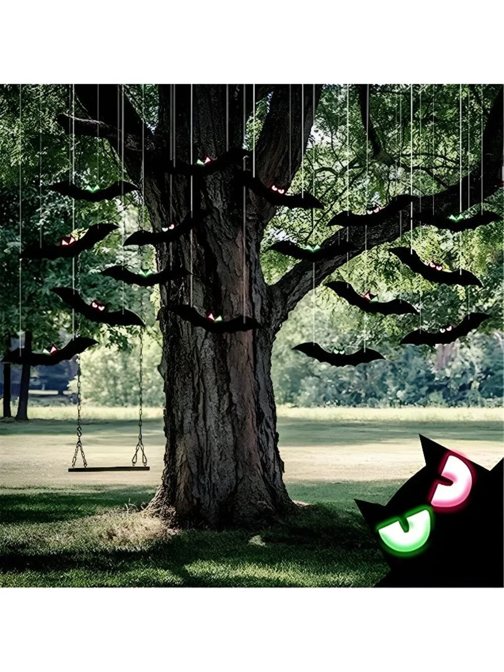 18 Black Halloween Bat Yard Decorations with Glow-in-the-Dark Eyes
